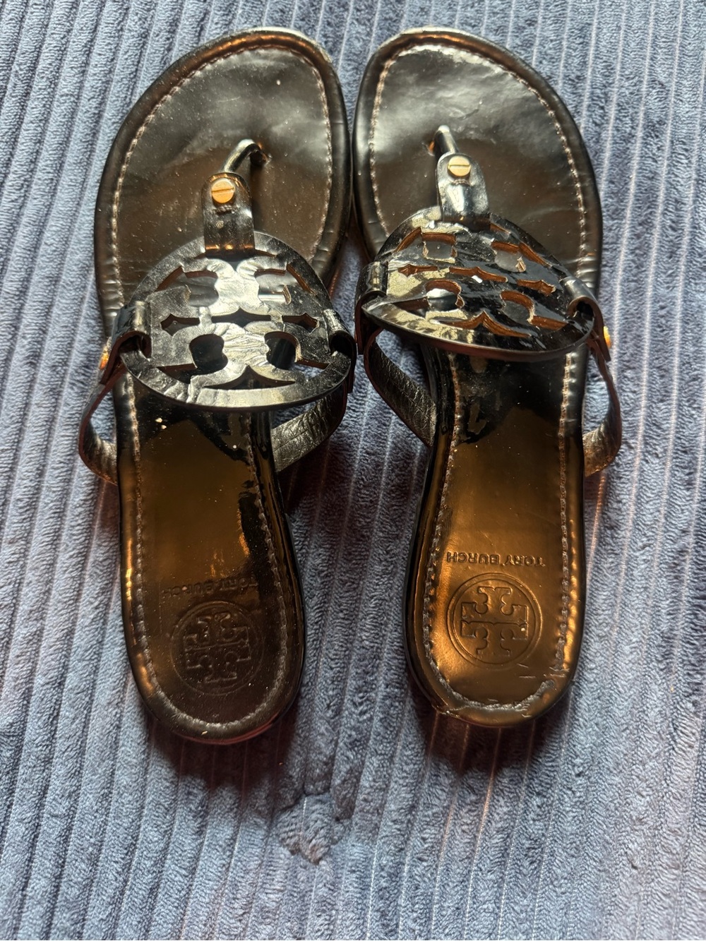 Tory Burch Black Patent Miller Logo Thong Sandals